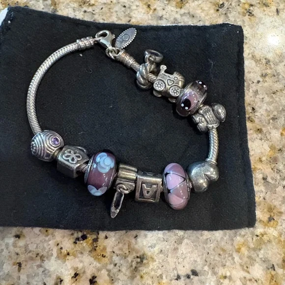 Pandora Silver Bracelet with Purple Charms - Picture 1 of 2